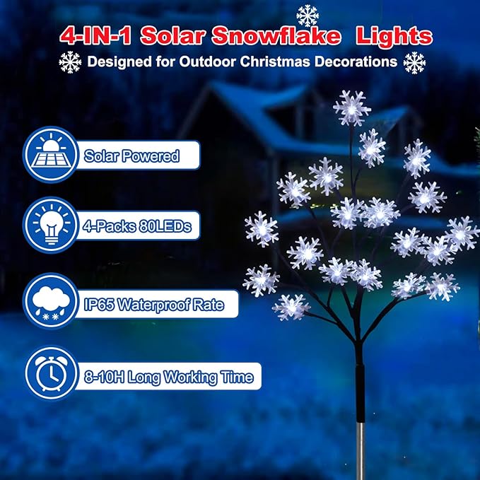 4 - Pack 80LED Solar Snowflake Stake Lights - 8 Modes, Waterproof Outdoor Christmas Decorations for Garden, Yard, Pathway, Walkway - Che Cose Belle