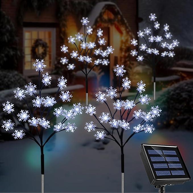 4 - Pack 80LED Solar Snowflake Stake Lights - 8 Modes, Waterproof Outdoor Christmas Decorations for Garden, Yard, Pathway, Walkway - Che Cose Belle