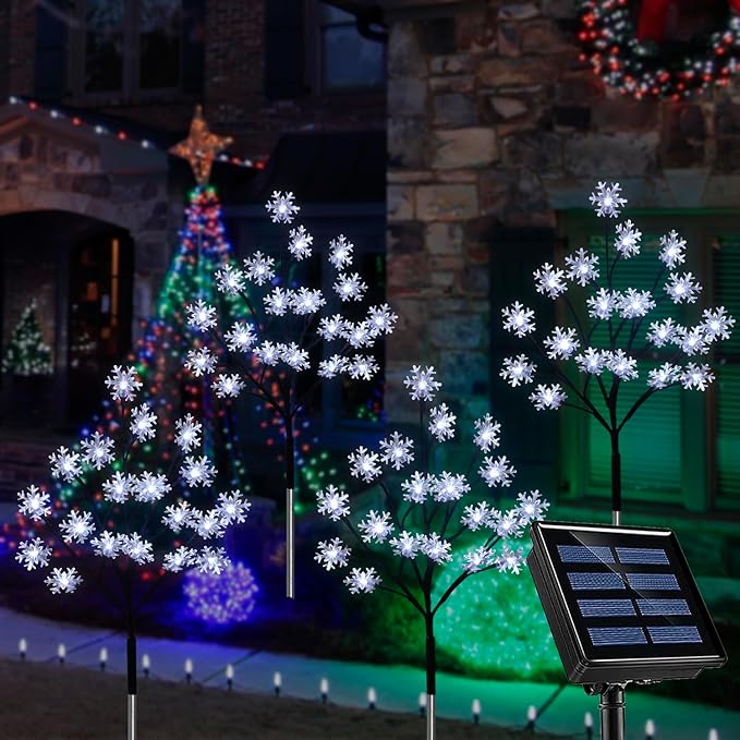 4 - Pack 80LED Solar Snowflake Stake Lights - 8 Modes, Waterproof Outdoor Christmas Decorations for Garden, Yard, Pathway, Walkway - Che Cose Belle