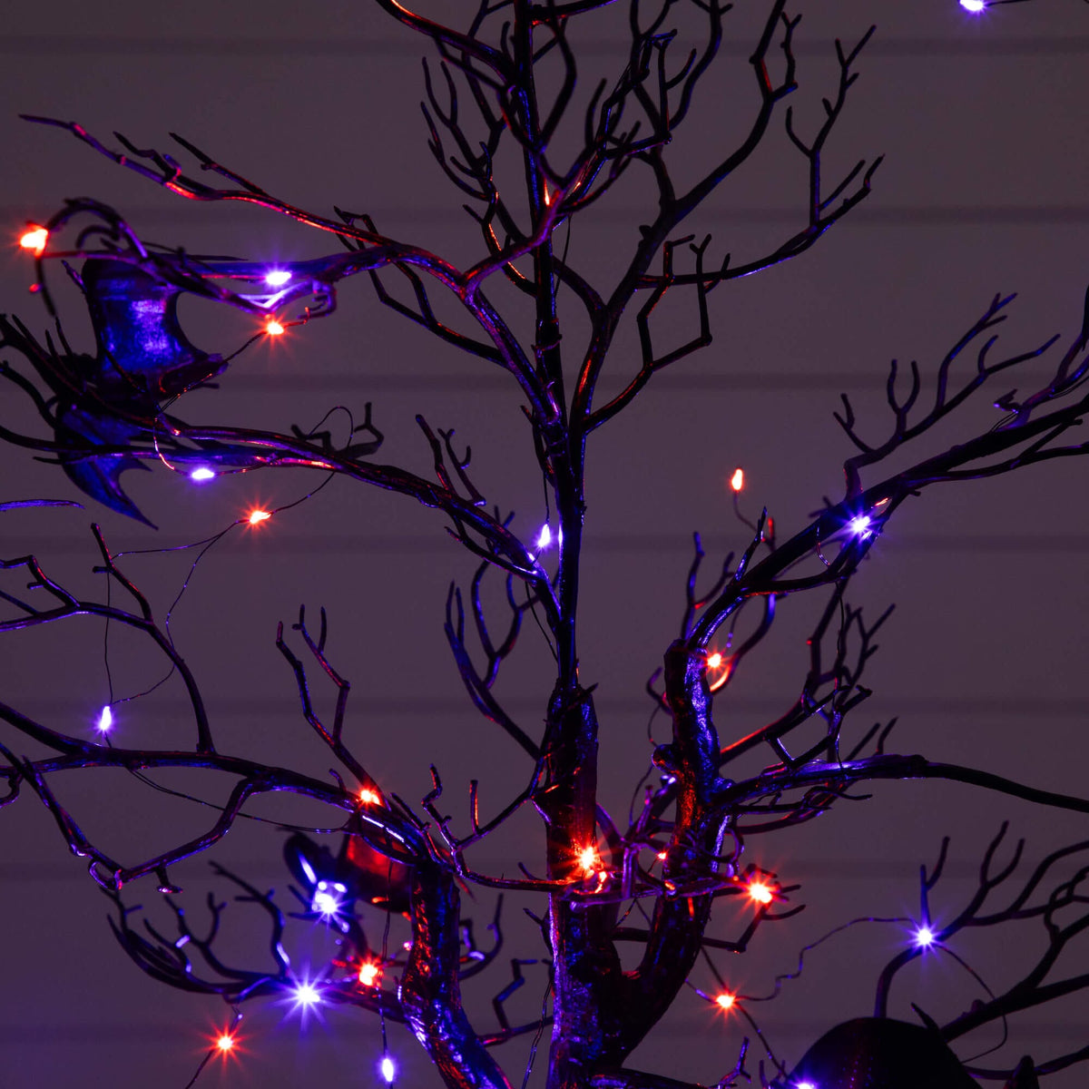 4' Pre-Lit Artificial Halloween Black Spooky Twig Tree with Bats and 120 Orange & Purple LED Lights - Che Cose Belle