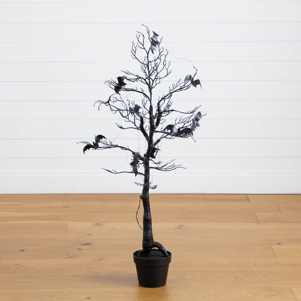 4' Pre-Lit Artificial Halloween Black Spooky Twig Tree with Bats and 120 Orange & Purple LED Lights - Che Cose Belle