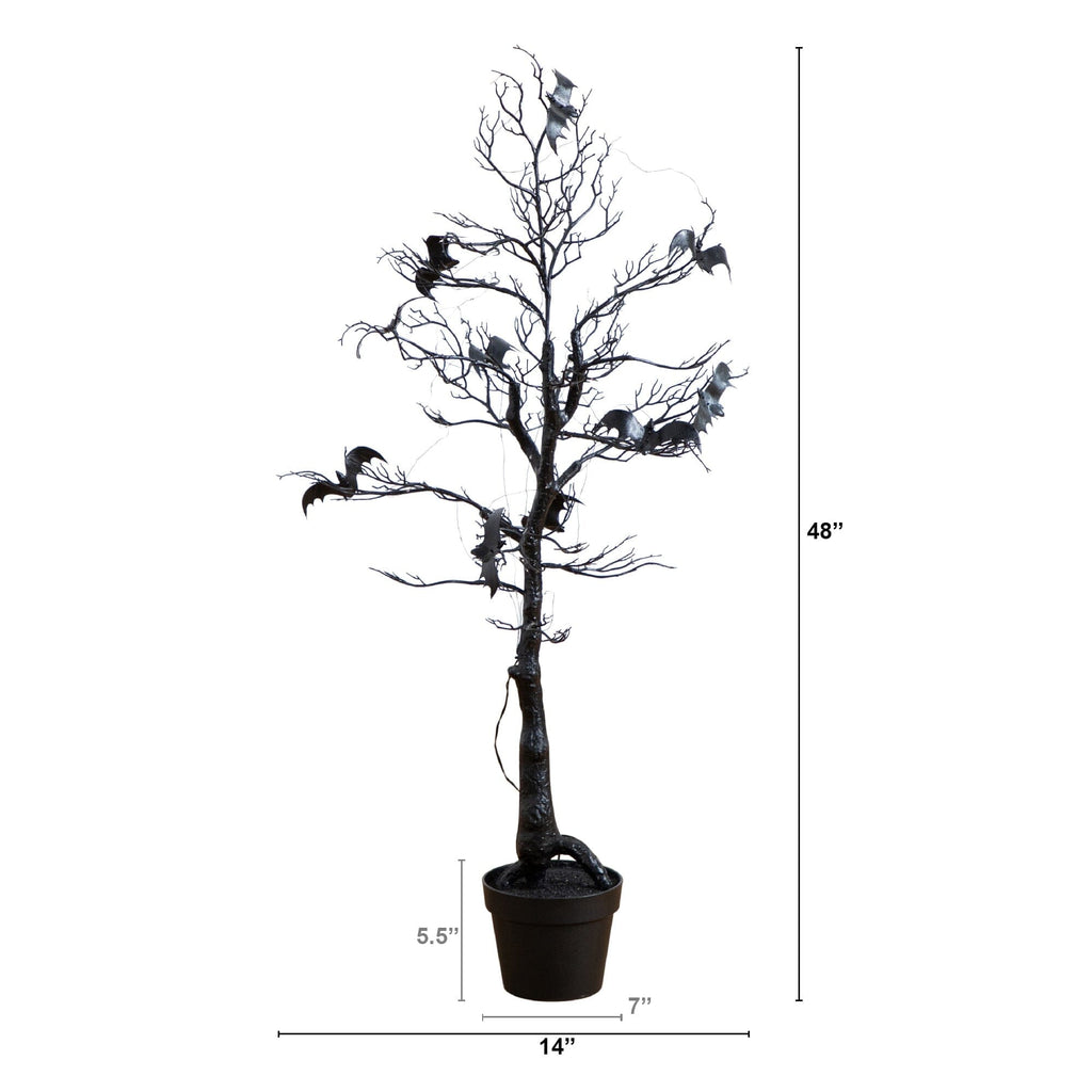 4' Pre-Lit Artificial Halloween Black Spooky Twig Tree with Bats and 120 Orange & Purple LED Lights - Che Cose Belle