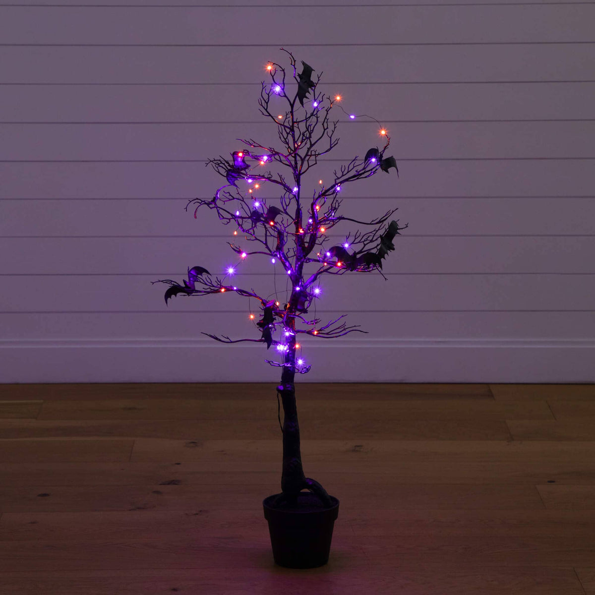 4' Pre-Lit Artificial Halloween Black Spooky Twig Tree with Bats and 120 Orange & Purple LED Lights - Che Cose Belle