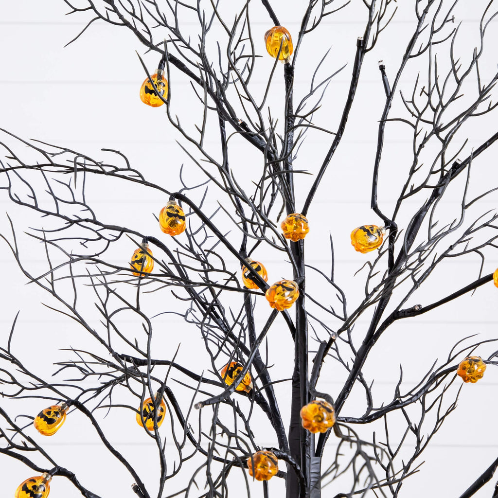 4' Pre-Lit Artificial Halloween Black Twig Tree with 24 Orange LED Pumpkin Shaped Lights - Che Cose Belle