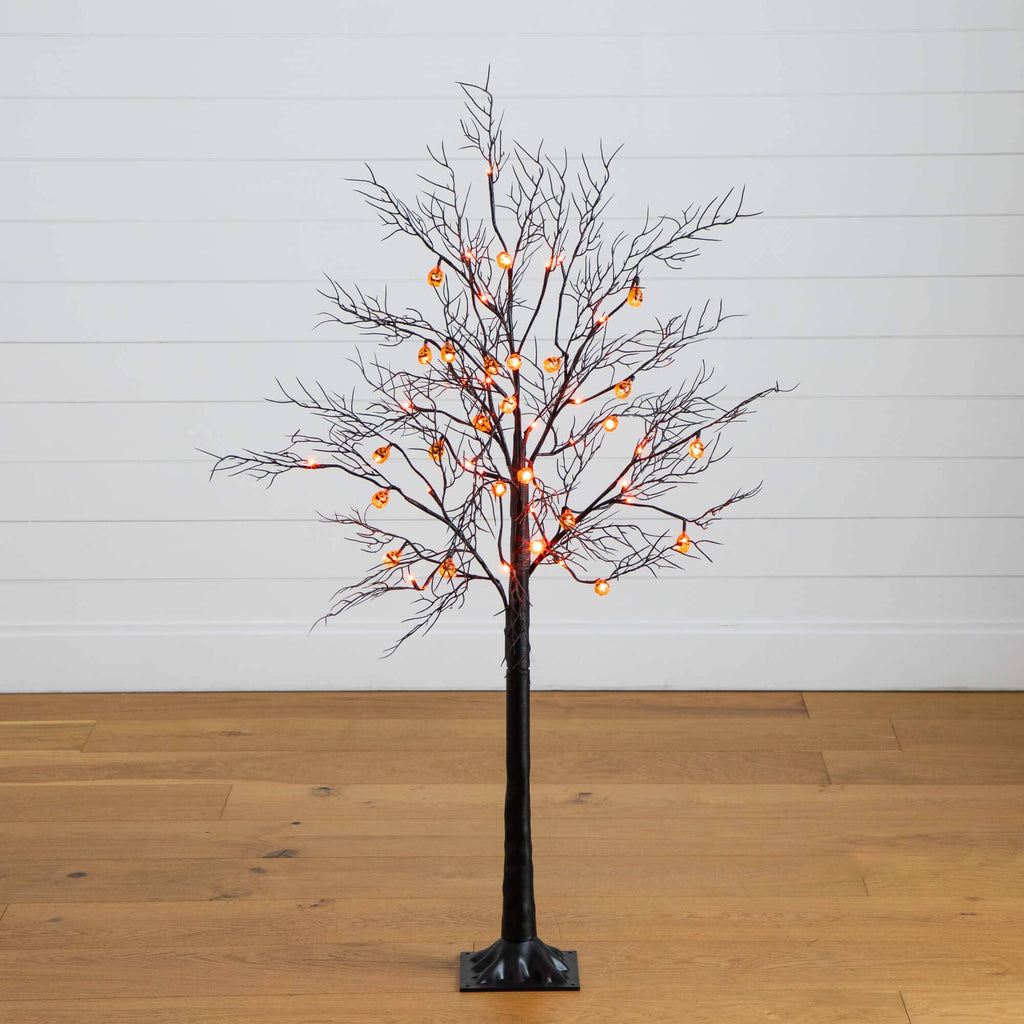 4' Pre-Lit Artificial Halloween Black Twig Tree with 24 Orange LED Pumpkin Shaped Lights - Che Cose Belle