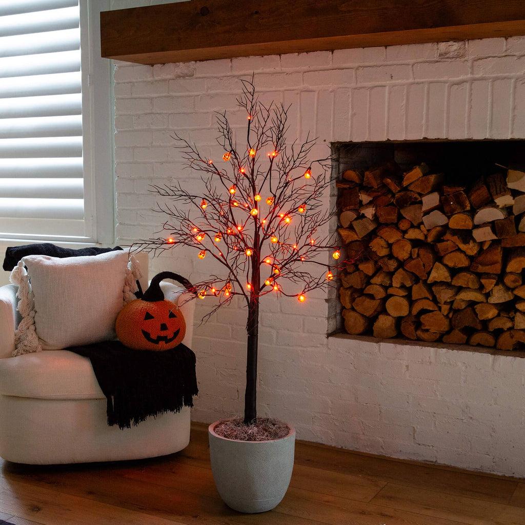 4' Pre-Lit Artificial Halloween Black Twig Tree with 24 Orange LED Pumpkin Shaped Lights - Che Cose Belle
