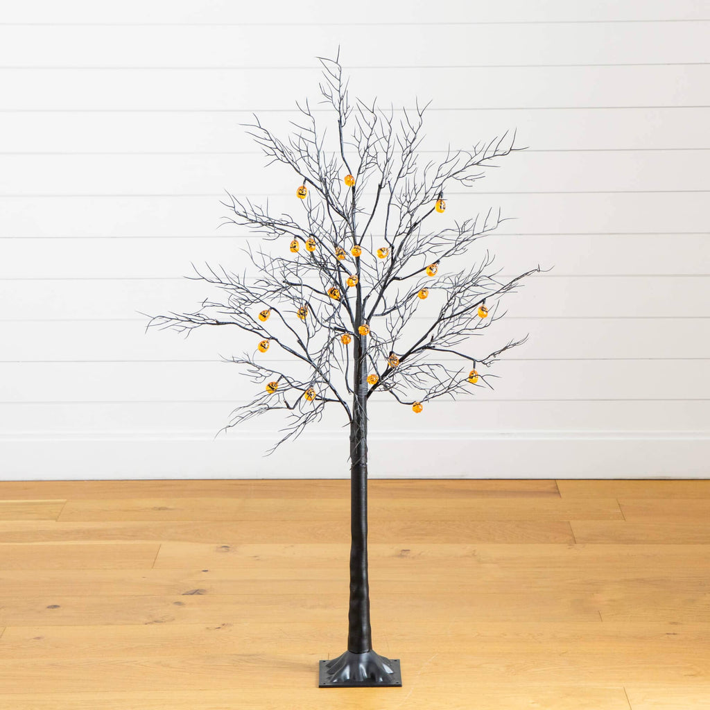 4' Pre-Lit Artificial Halloween Black Twig Tree with 24 Orange LED Pumpkin Shaped Lights - Che Cose Belle