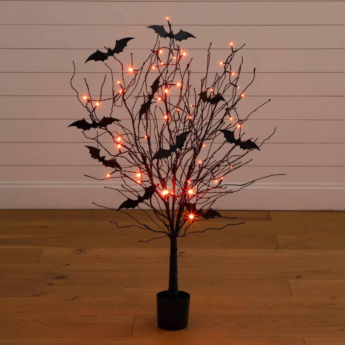 4' Pre-Lit Artificial Halloween Black Twig Tree with Bats and 50 Orange LED Lights - Che Cose Belle