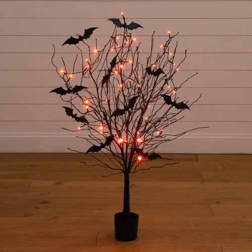 4' Pre-Lit Artificial Halloween Black Twig Tree with Bats and 50 Orange LED Lights - Che Cose Belle