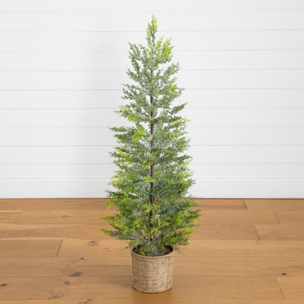 4’ Pre-Lit Artificial Snowed Cypress Christmas Tree with 120 LED Lights in Hyacinth Basket - Che Cose Belle