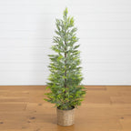 4’ Pre-Lit Artificial Snowed Cypress Christmas Tree with 120 LED Lights in Hyacinth Basket - Che Cose Belle