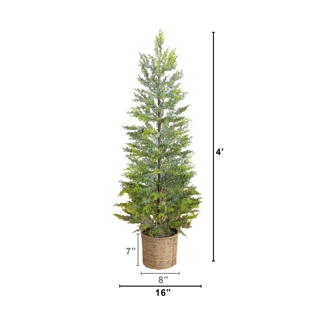 4’ Pre-Lit Artificial Snowed Cypress Christmas Tree with 120 LED Lights in Hyacinth Basket - Che Cose Belle