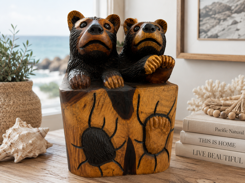 Hand Carved Suar Wood Bear Cub Sculpture | Balinese Wood Carving