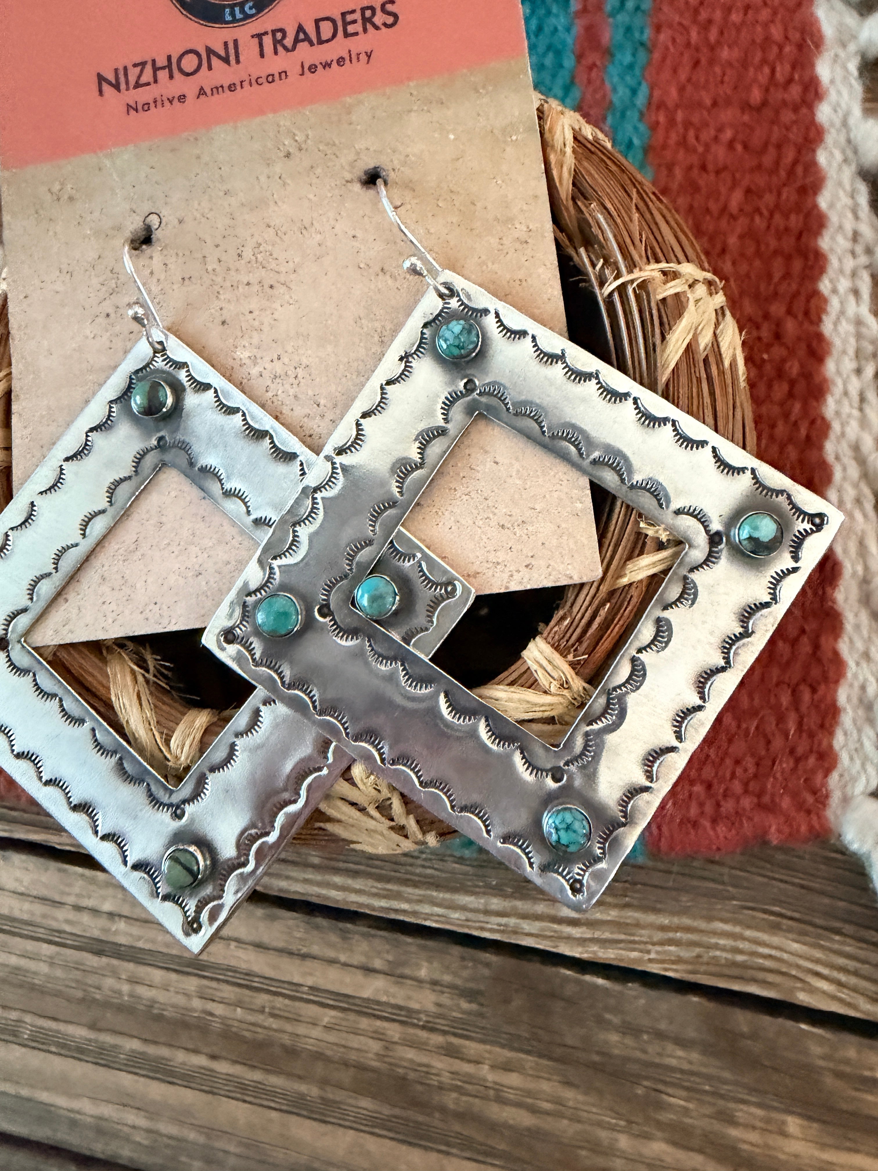 Handmade Sterling Silver & Turquoise Concho Dangle Earrings by Kimari Somers