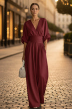 Women's V-Neck Wide-Leg Jumpsuit – High Waist Pleated Elegant