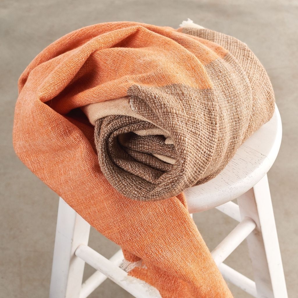 Chestnut Orange Cream Brown Color Block Handwoven Soft Merino Throw