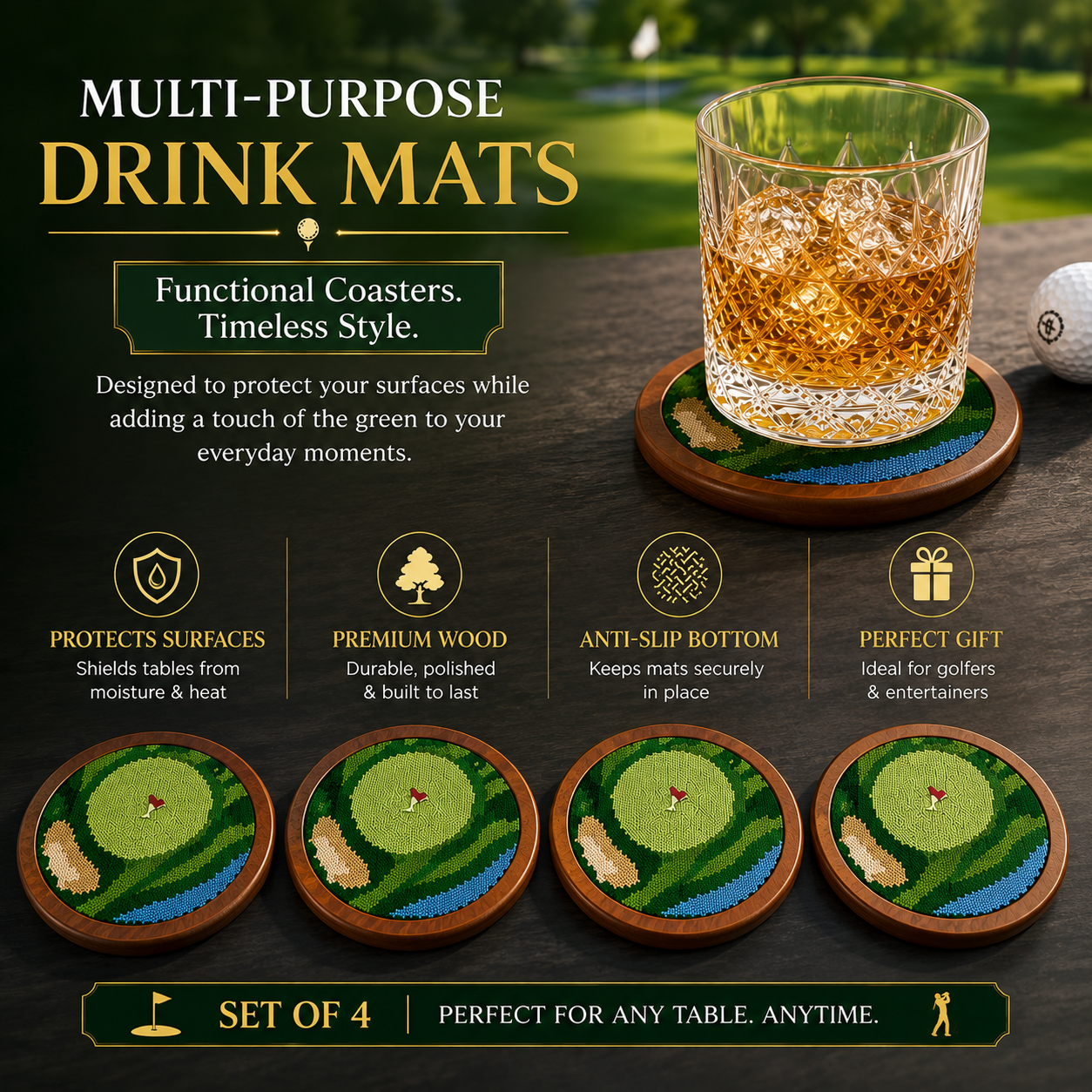Golf Coasters, Durable Wooden Drink Coasters with Holder