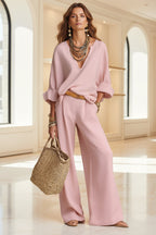 Women's Linen-Style Two-Piece Set – V-Neck Top & Wide-Leg Pants