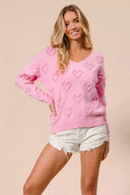 BiBi Valentines Heart Pompom V Neck Knit Top