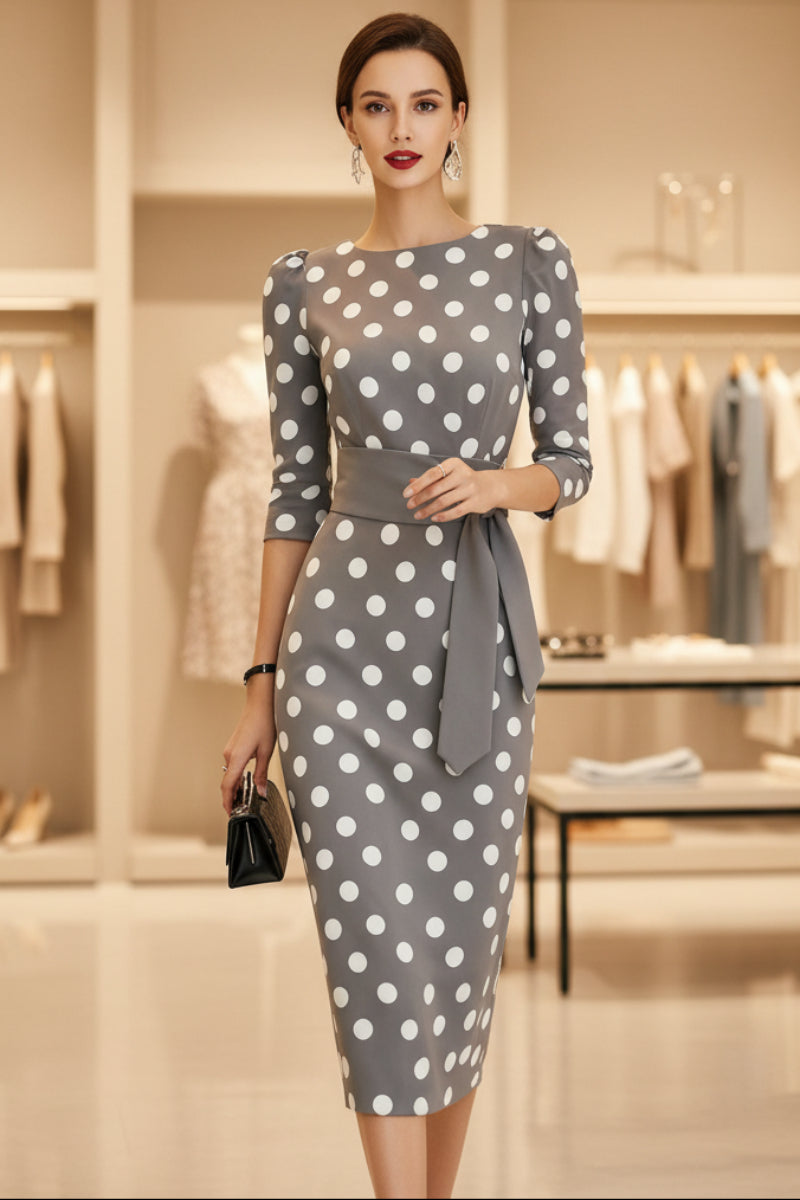 Women's Retro Polka-Dot Bodycon Midi Dress | Belted Waist Slim Fit