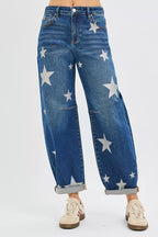 RISEN Mid Rise Ankle Length Relaxed Barrel Star Printed Jeans