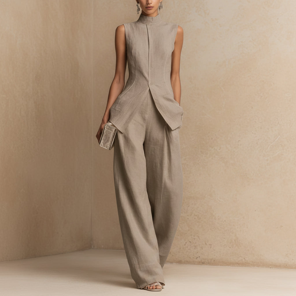 Women's Stand Collar Longline Vest Top & Wide-Leg Trousers Two-Piece Set