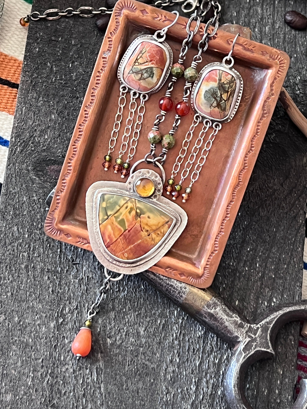 Tularosa Rosary Style Sterling Silver, Red Creek Jasper and Citrine Sunset Necklace