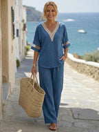 Women's Embroidered V-Neck Top & Wide-Leg Pants Set | Two-Piece Outfit