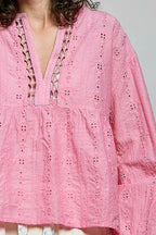 POL Eyelet Lace Split Neck Gathered Empire Waist Cotton Blouse