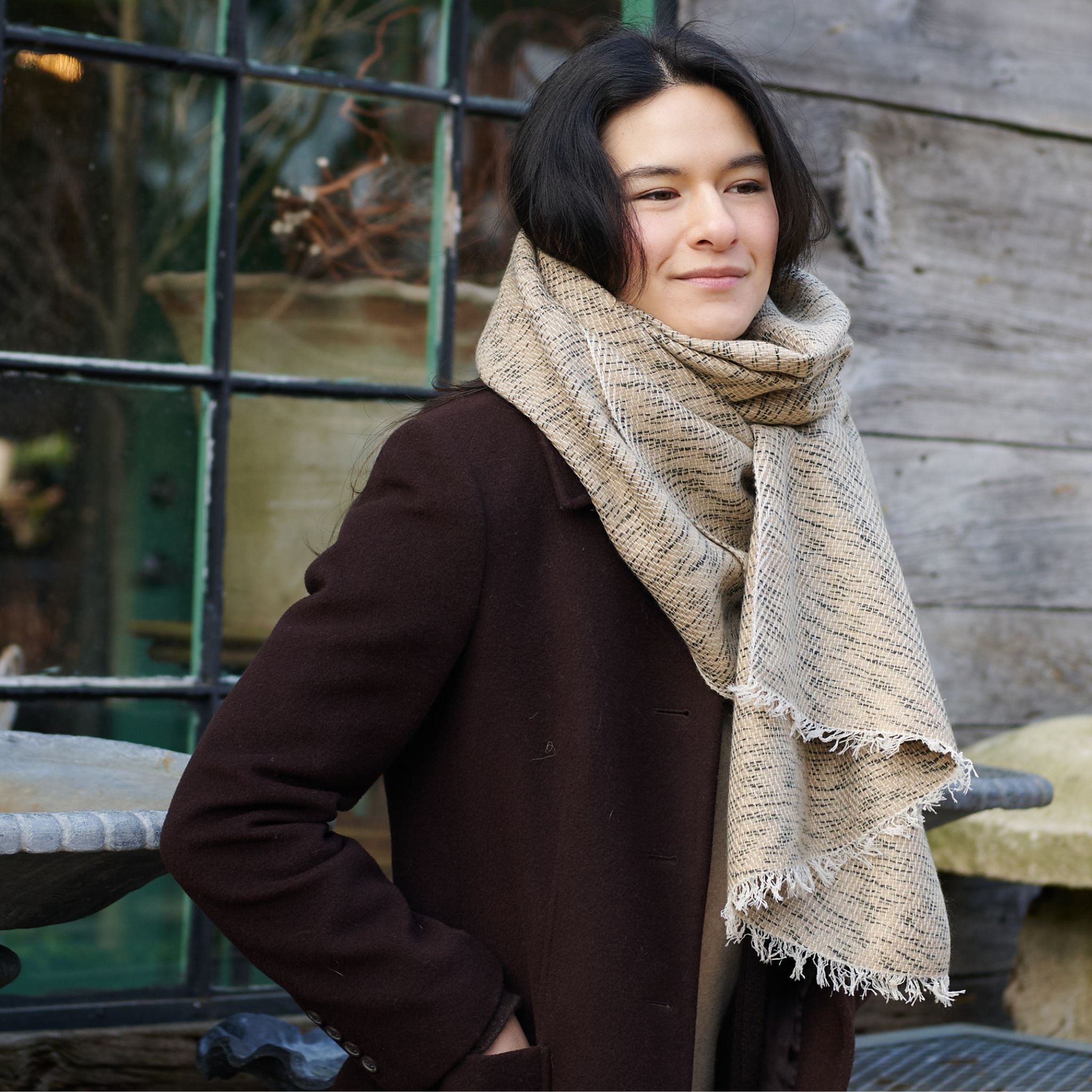 Forest Night Handwoven Neutral Cashmere Merino Scarf