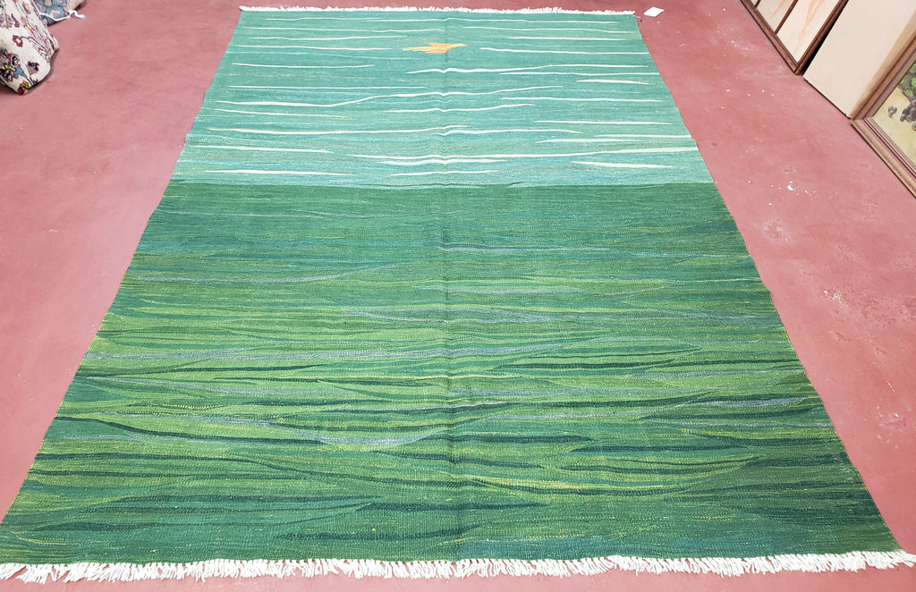 Green Turkish Kilim Rug, 6x9 - 7x10 Rugs, Bird, Handmade New Area Rug, Wool, Bohemian Boho Decor, Hand Woven, Modern Abstract Flat Weave Rug
