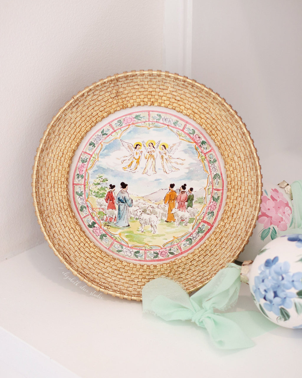 Chinoiserie Christmas original watercolor painting, The Angels appearing to the shepherds