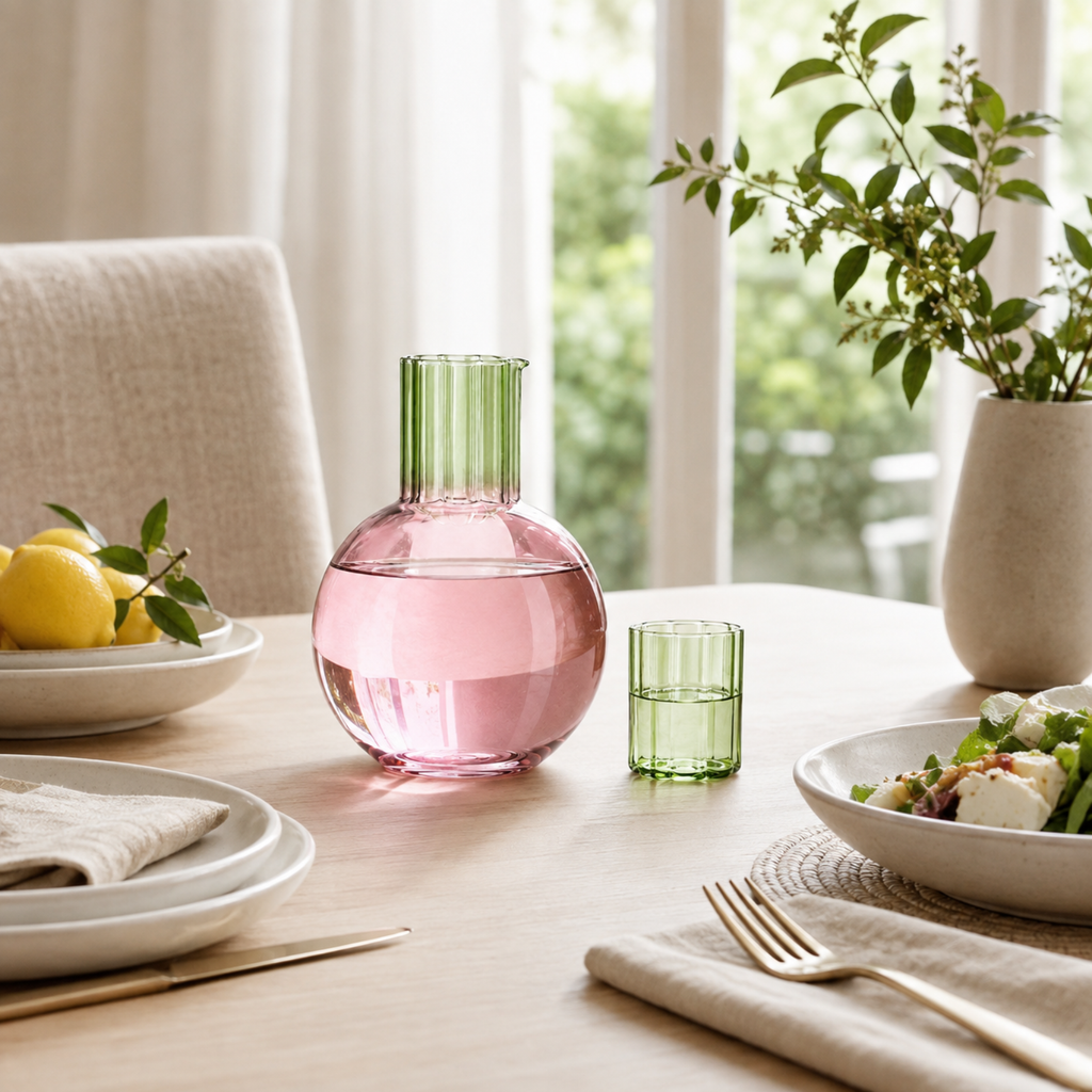 Colorful Carafe & Ribbed Flower Cup Set | 44oz Glasses