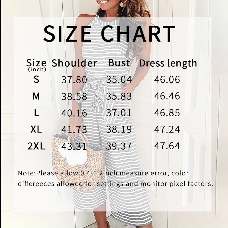 Women's Striped Halter Neck Jumpsuit with Self-Tie Belt & Wide-Leg Crop