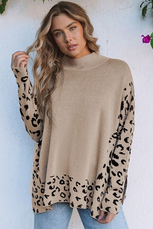 Leopard Mock Neck Side Slit Sweater