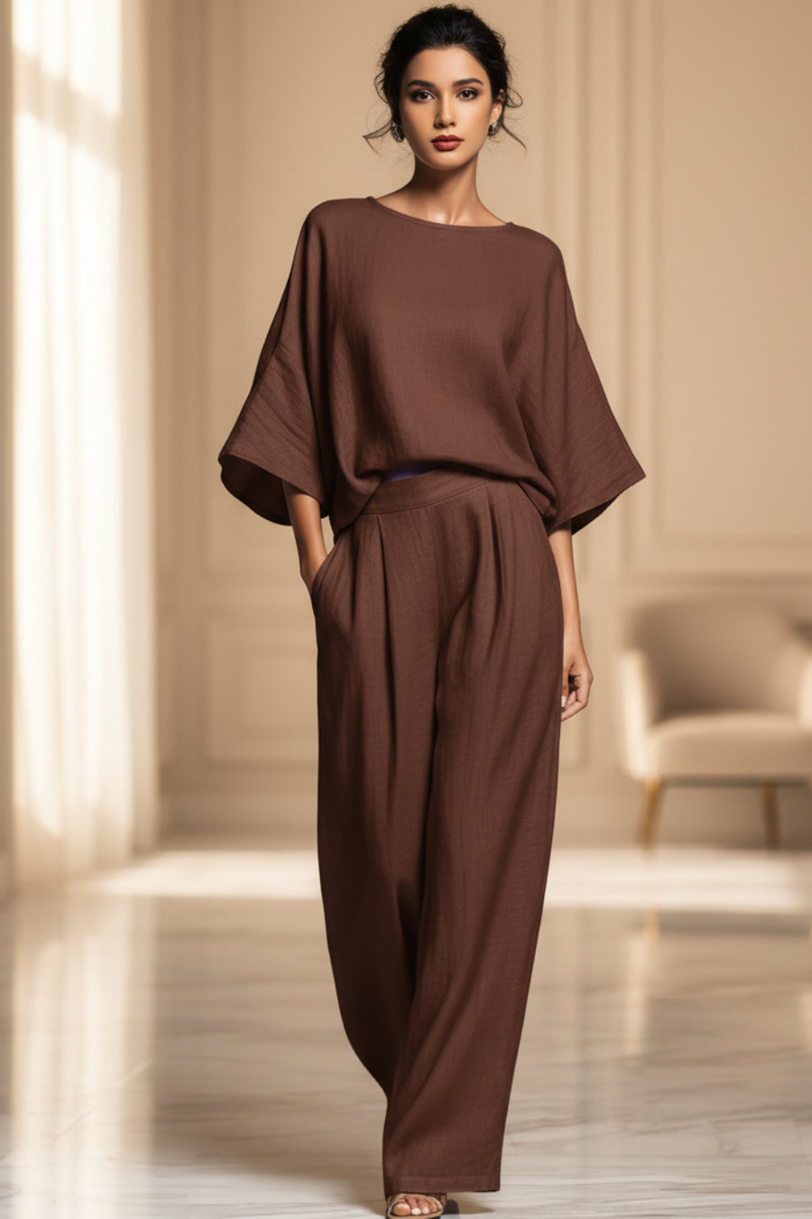 Women's Batwing-Sleeve Top & Wide-Leg Pleated Trousers Two-Piece Set