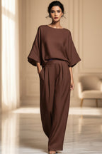 Women's Batwing-Sleeve Top & Wide-Leg Pleated Trousers Two-Piece Set