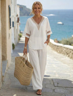 Women's Embroidered V-Neck Top & Wide-Leg Pants Set | Two-Piece Outfit