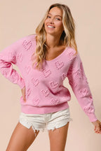 BiBi Valentines Heart Pompom V Neck Knit Top