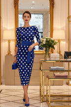 Women's Retro Polka-Dot Bodycon Midi Dress | Belted Waist Slim Fit