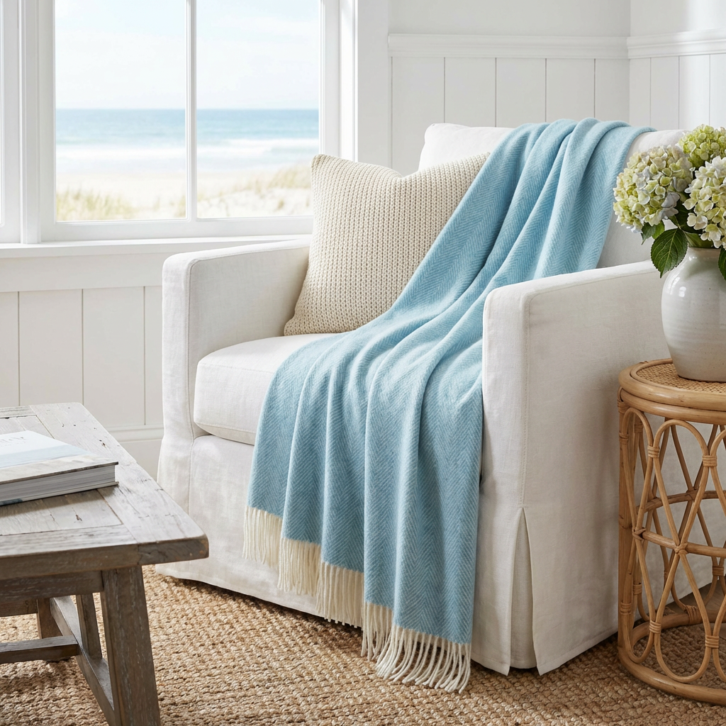 Southampton Home Merino Wool Herringbone Throw (Sky Blue)
