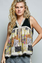 POL Floral V-Neck Sheer Tank with Lace Trim