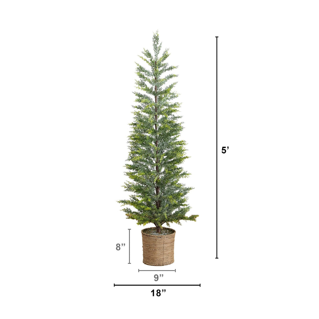 5’ Pre-Lit Artificial Snowed Cypress Christmas Tree with 140 LED Lights in Hyacinth Basket - Che Cose Belle
