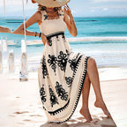 Women's Wide-Strap Printed Maxi Dress – Smocked Bodice & Tassel Waist