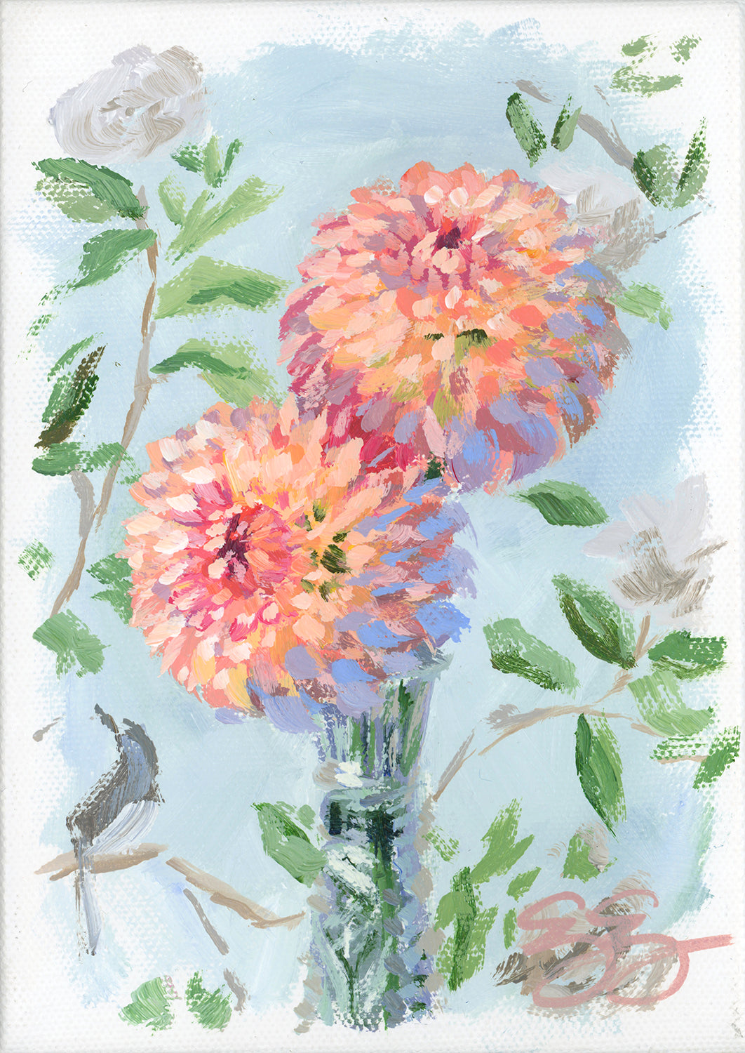 Best Buds: two peach dahlias in crystal vase (No. 503) - 5 x 7 acrylic painting on canvas