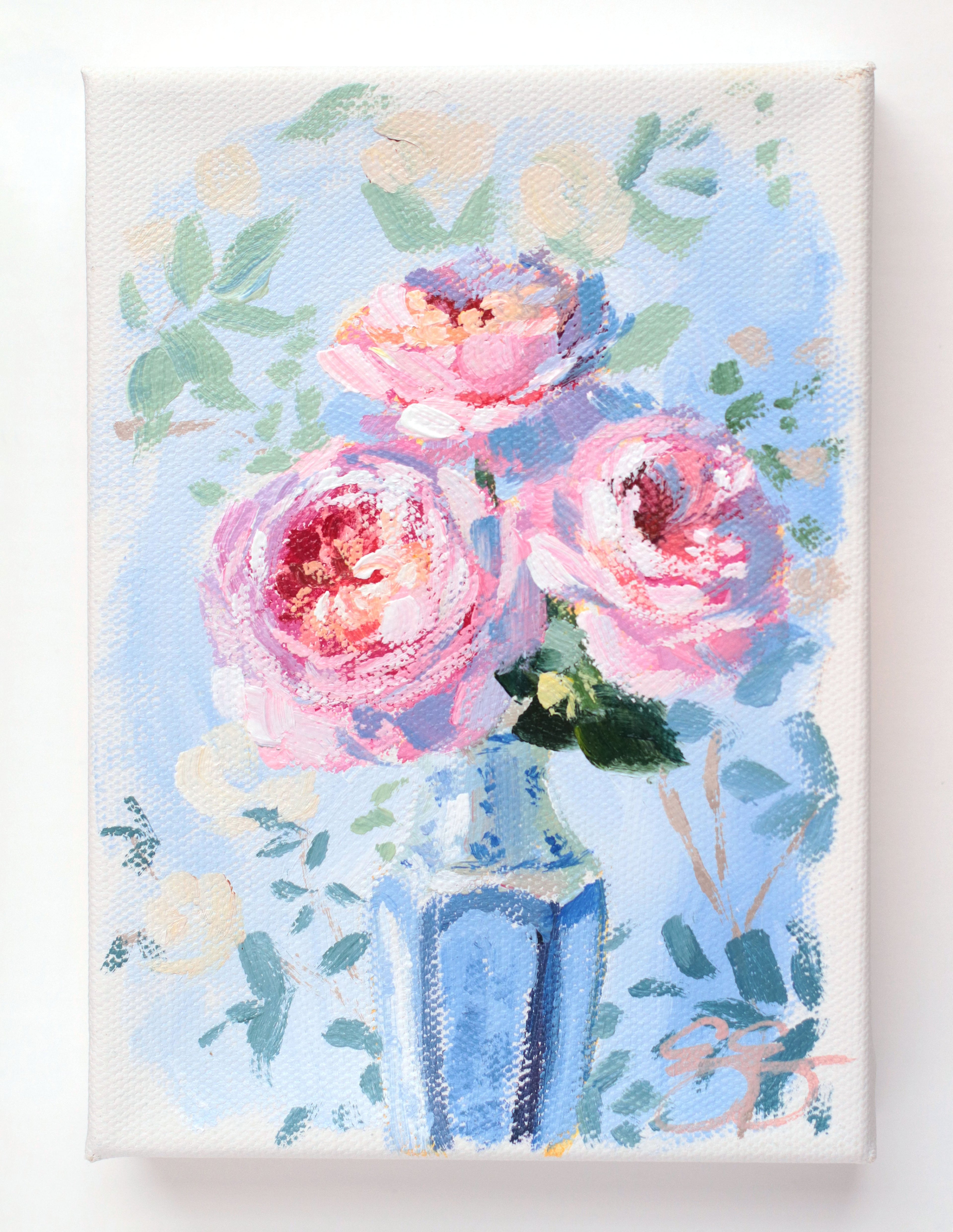 Three of a kind: pink roses in blue and white vase (No. 504) - 5 x 7 acrylic painting on canvas