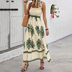 Women's Wide-Strap Printed Maxi Dress – Smocked Bodice & Tassel Waist