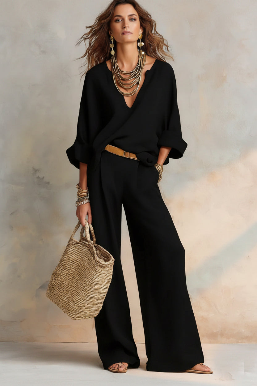 Women's Linen-Style Two-Piece Set – V-Neck Top & Wide-Leg Pants