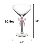 Single Clear Martini Glass with Pink Bow on Stem, One Piece