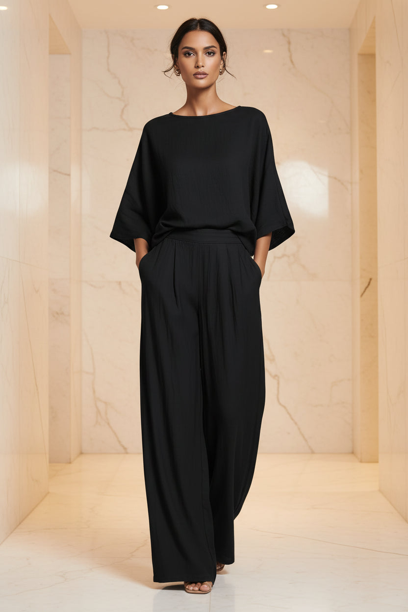 Women's Batwing-Sleeve Top & Wide-Leg Pleated Trousers Two-Piece Set